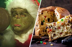 A close up of the Grinch as he looks into a mirror and a sliced fruit cake