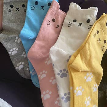 Reviewer showing five pairs of cat socks