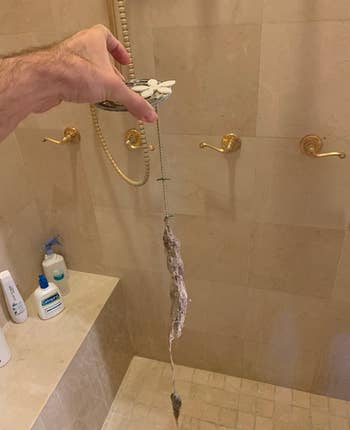 Reviewer holding up the drain protector to show how much hair it removed from a shower