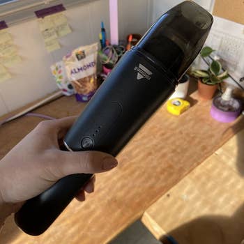 reviewer photo holding small, column-style vacuum