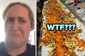 cringing brittany broski next to a table lined with food and "WTF" over it
