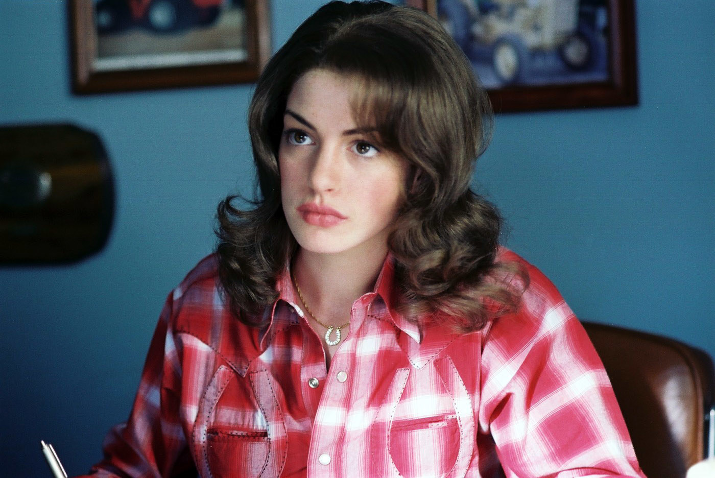Hathaway in Brokeback Mountain, in a flannel shirt