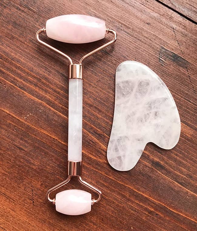 reviewer image of pink face roller and gua sha