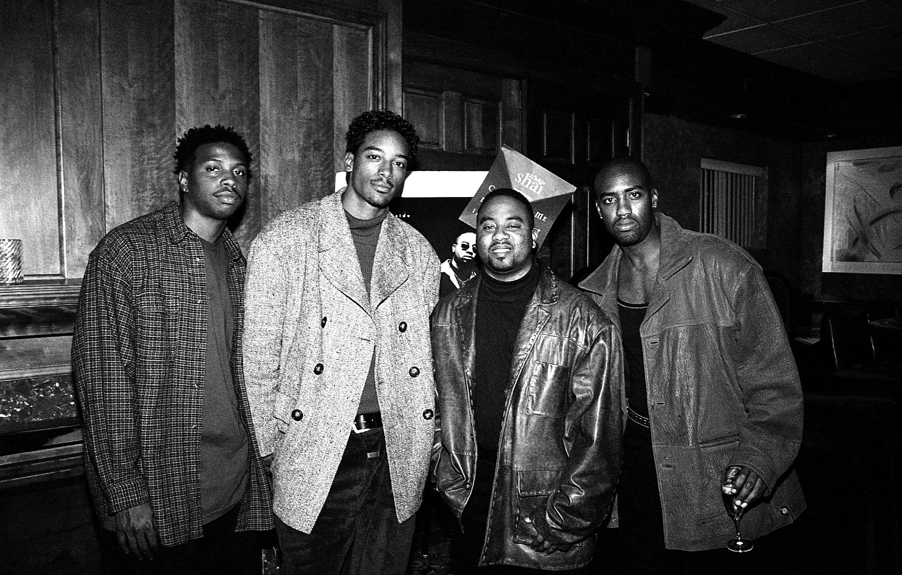 Singers Darnell Van Rensalier, Garfield Bright, Marc Gay and Carl Martin of Shai poses for photos backstage at Magnum&#x27;s in Chicago, Illinois