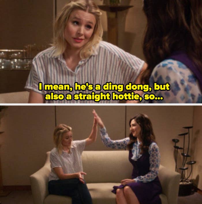 Eleanor from &quot;The Good Place&quot; telling Janet: &quot;I mean, he&#x27;s a ding dong, but also a straight hottie, so...&quot;