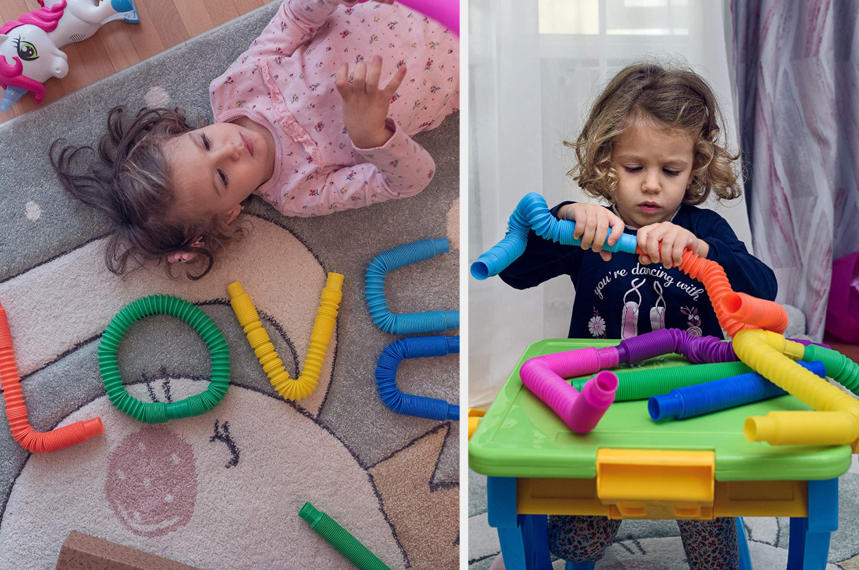 Split image of child model playing with colorful tube toys and spelling out words with them