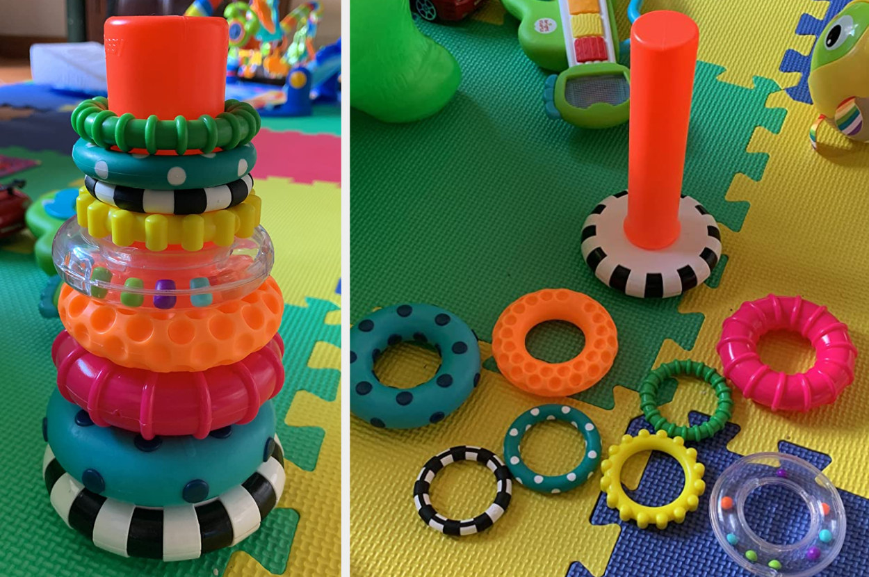 Split reviewer&#x27;s image of colorful ring stacking set fully stacked and disassembled