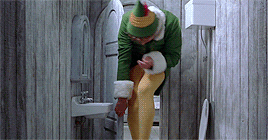 gif of buddy the elf sitting on a tiny toilet