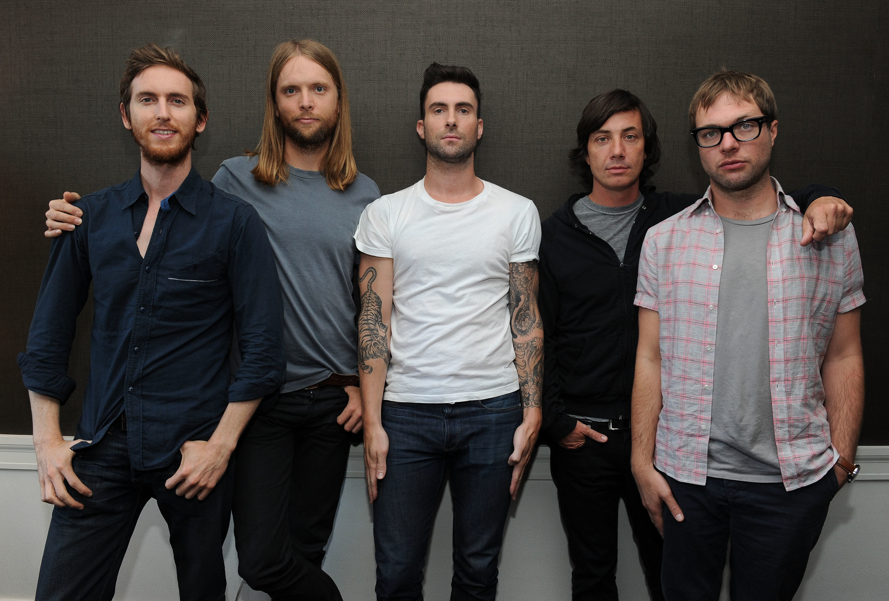 Musicians Jesse Carmichael, James Valentine, Adam Levine, Matt Flynn and Michael Madden of the band Maroon 5 attend the VEVO Summer Sets Concert Series at the Empire Hotel