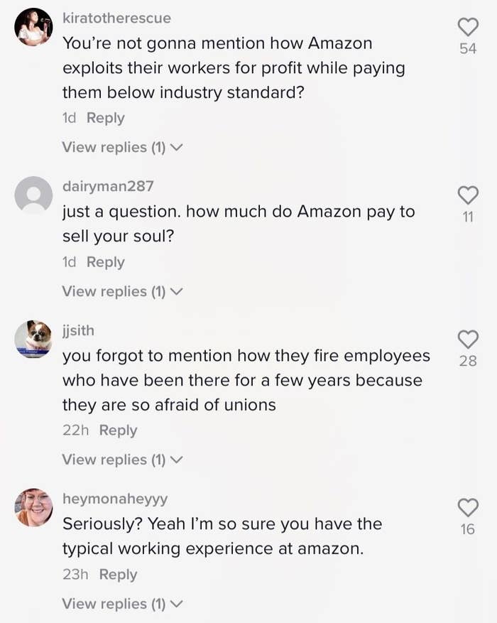 TikTok comments dragging Terry Crews with one person saying "You're not gonna mention how Amazon exploits their workers for profit while paying them below industry standard"