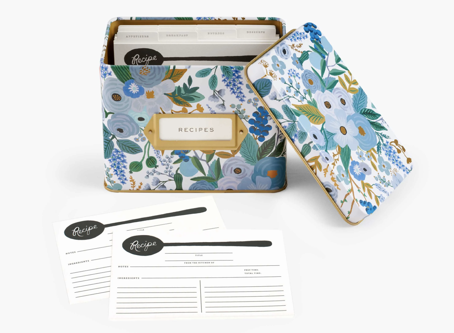 The blue floral tin with spoon recipe cards
