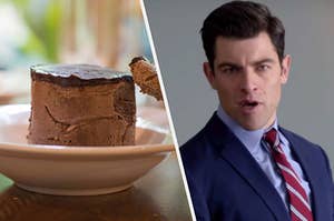 A bowl of chocolate pudding and a close up of Schmidt from "New Girl" in a suit