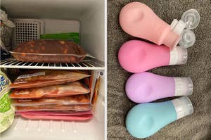 Reviewer photo of reusable food storage bags stacked inside a freezer / Reviewer photo of four TSA-approved liquid containers