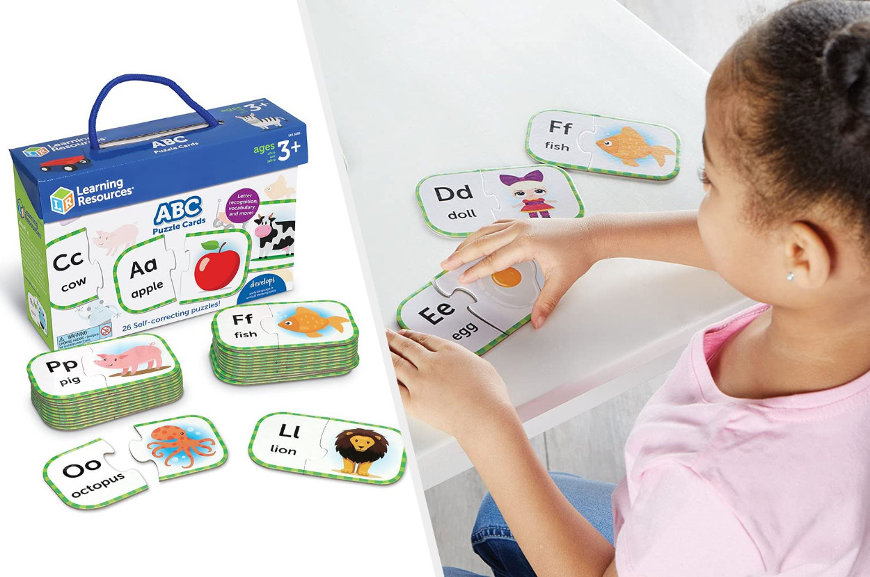 Split image of packaging and ABC puzzle cards along with child model playing with said cards
