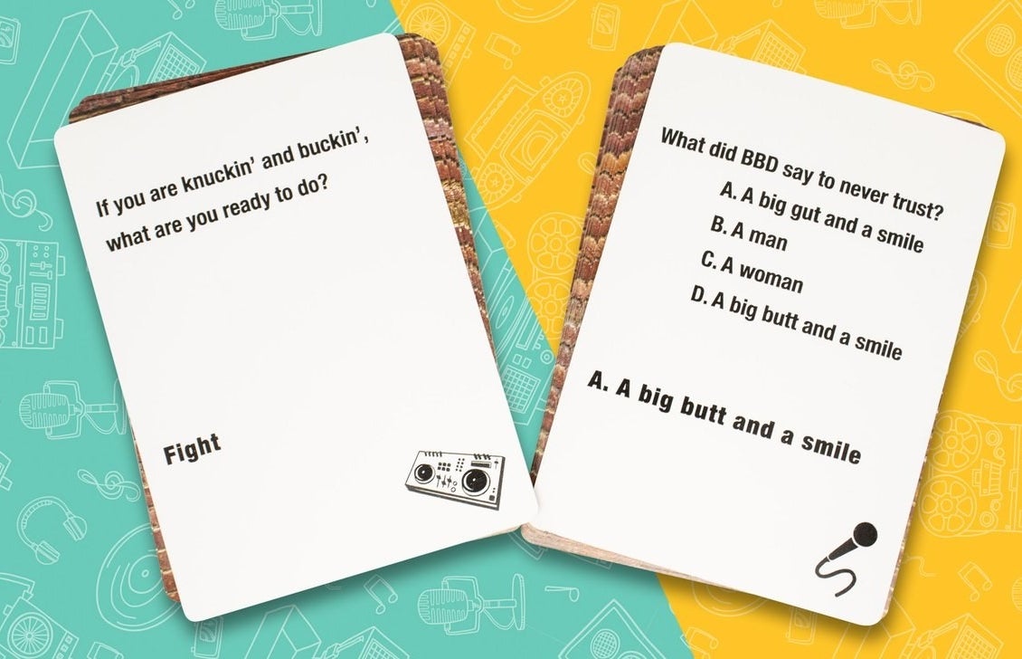 Two cards, one says "if you are knuckin and buckin what are you ready to do?" and the other says "what did BBD say to never trust" and offers multiple choice answers