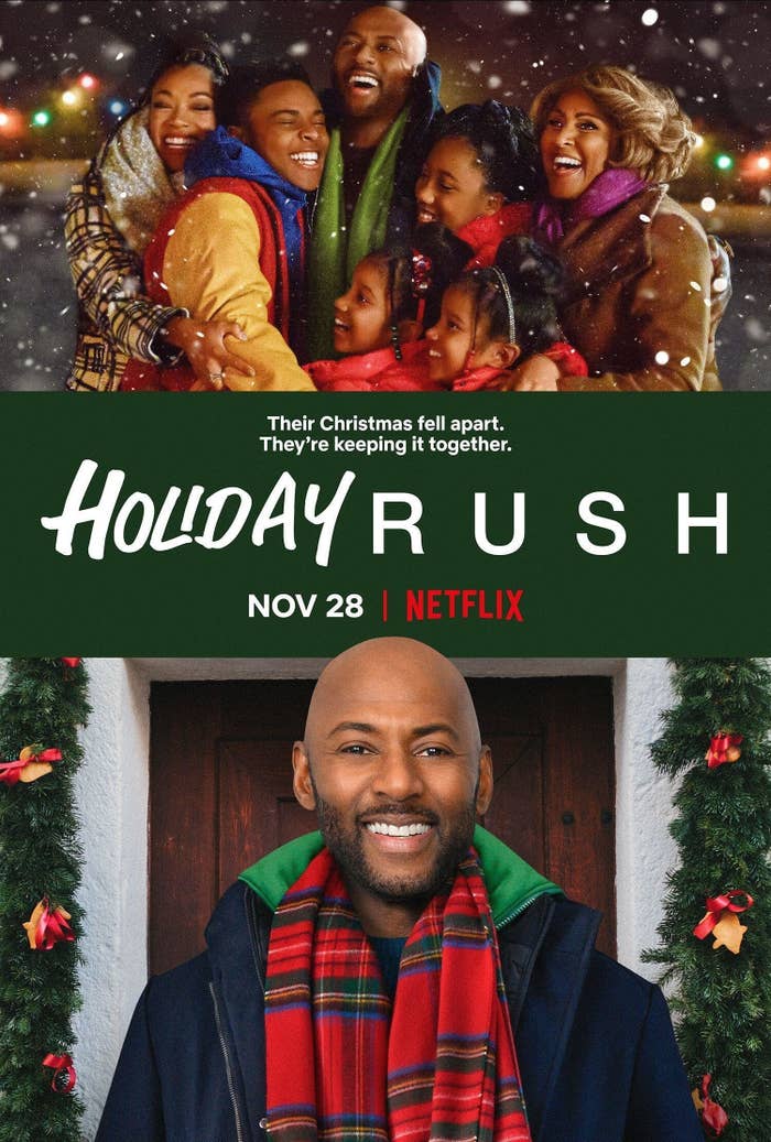 Movie poster for Holiday Rush shows family embracing with title text in center then photo of main dad character on bottom of screen
