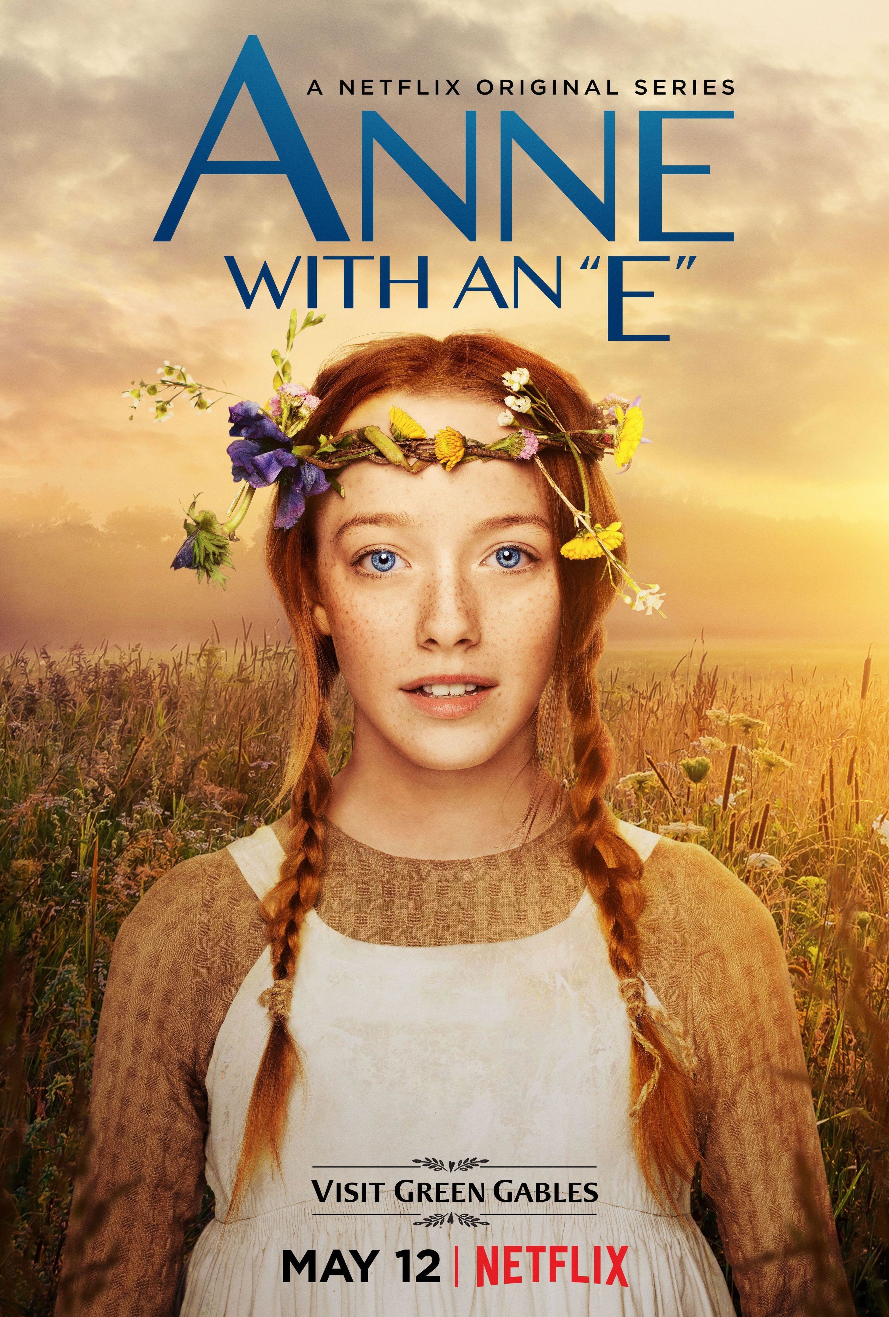 TV show poster includes title character Anne with flowers in her hair and title text in blue above