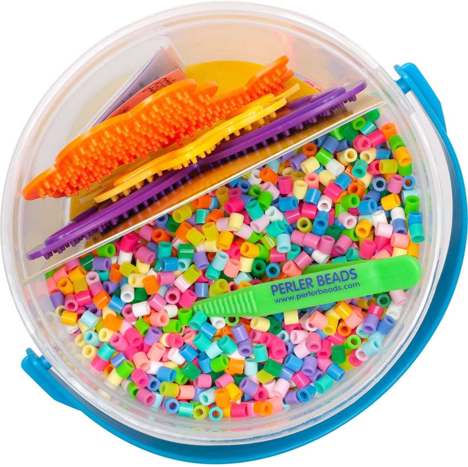 Top down view of open Perler bead bucket filled with multi-colored beads and boards