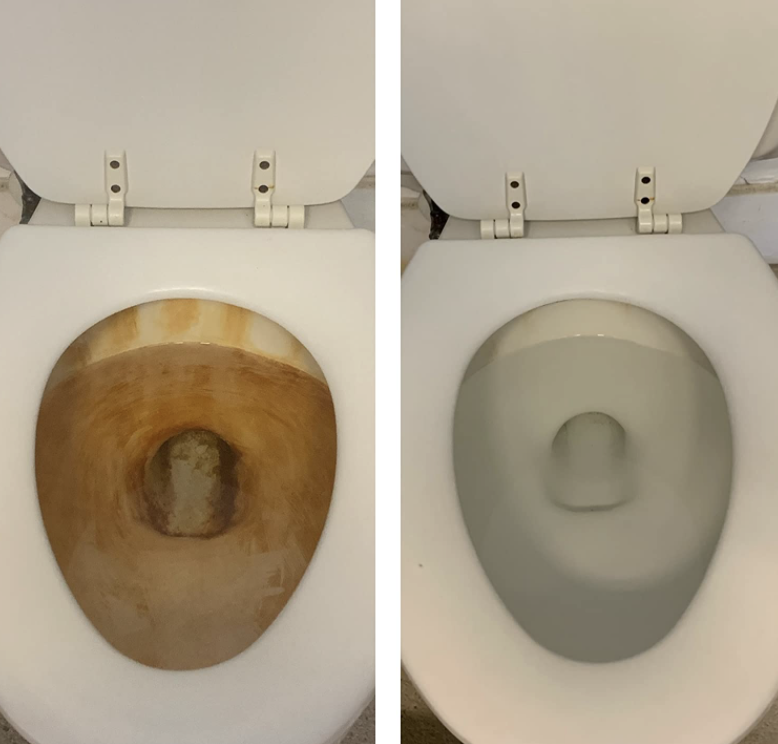 reviewer showing a very rusty community pool toilet that looks totally clean after use