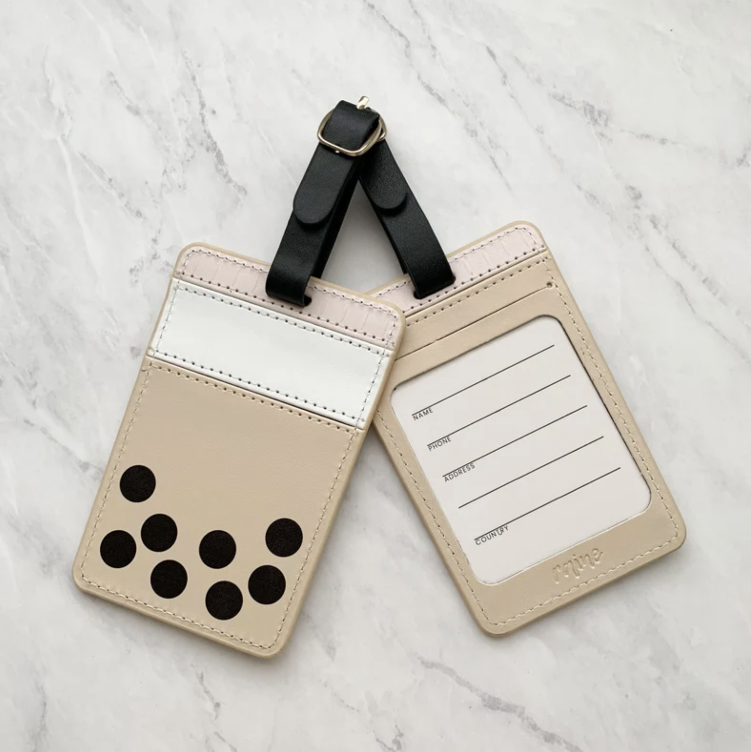 Front of boba luggage tag (left) and back of boba luggage tag with placeholder for your contact info (right)