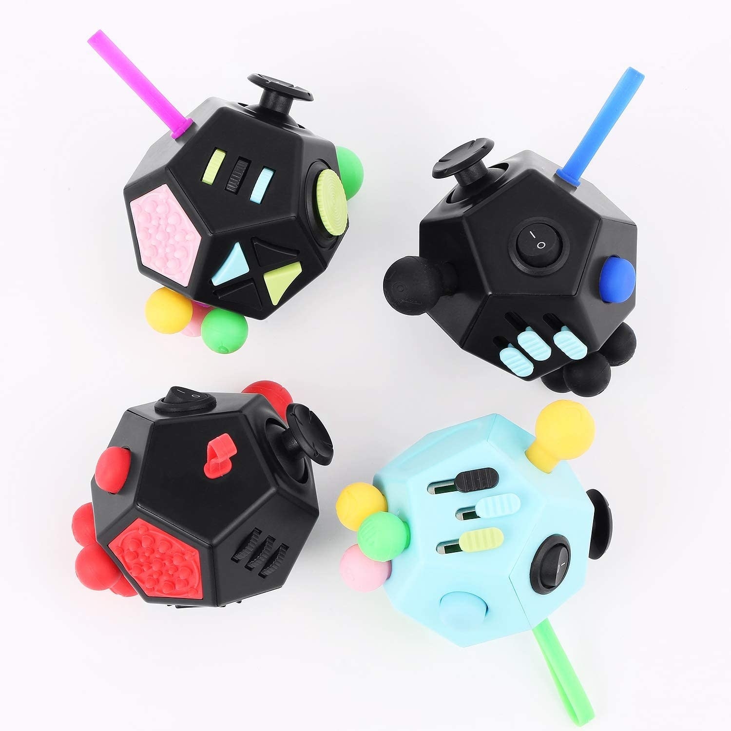 Four multi-colored 12-sided fidget toys