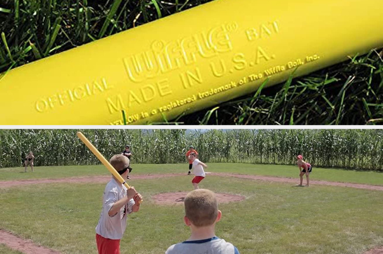 Split image of close-up of yellow Wiffle ball bat and kids playing Wiffle ball on baseball diamond