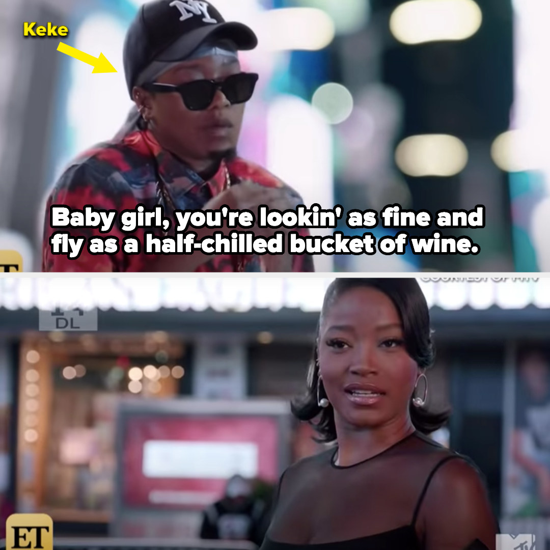 Keke wearing cap and sunglasses and saying &quot;Baby girl, you&#x27;re lookin&#x27; as fine and fly as a half-chilled bucket of wine&quot;