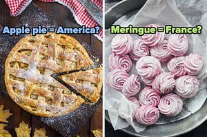 On the left, an apple pie labeled apple pie equals America, and on the right, some meringues labeled meringue equals France