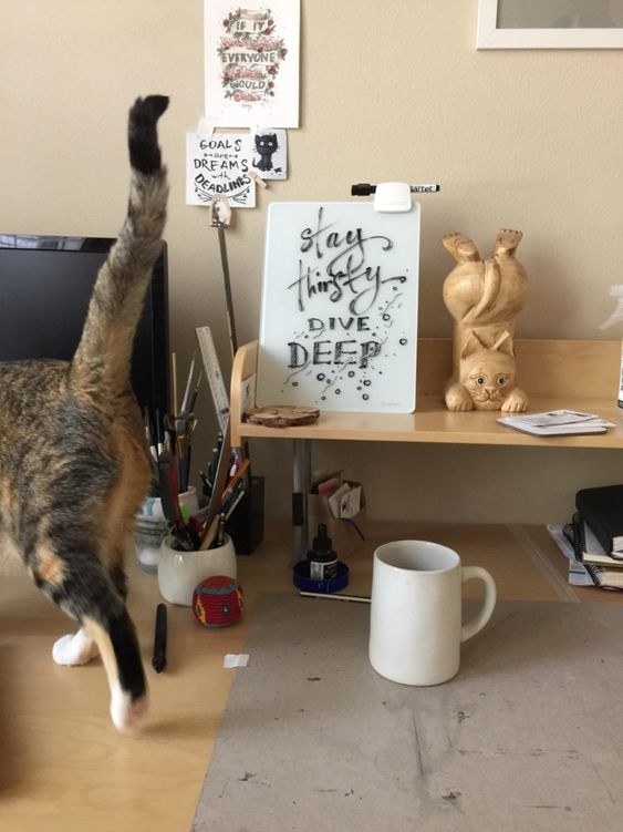 a glass whiteboard with an inspirational message written on it, next to their painting workshop