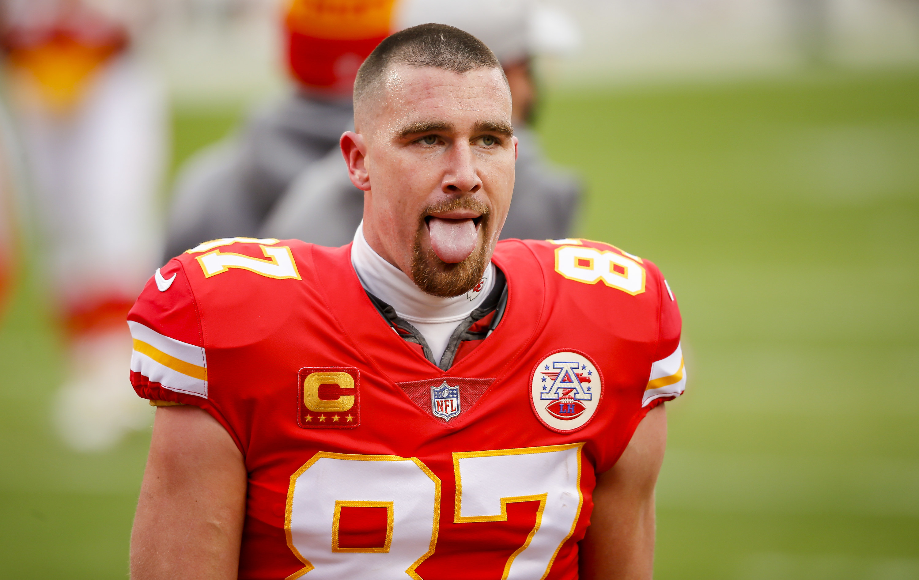 Travis Kelce sticks his tongue out