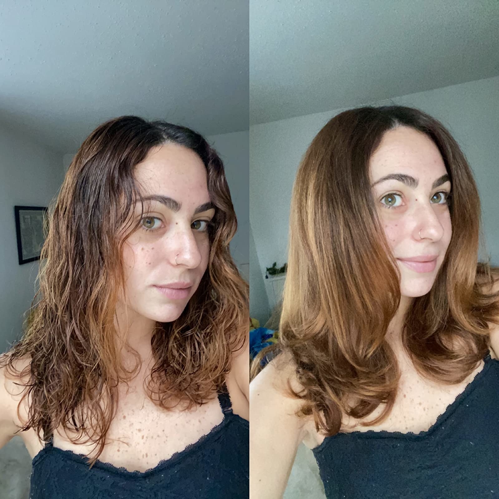 A reviewer with wet wavy hair before and blown-out dry hair with curled ends after