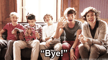 One Direction sitting on a sofa and saying, &quot;Bye&quot;