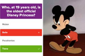 A question asking who is the oldest official Disney princess next to Mickey looking annoyed