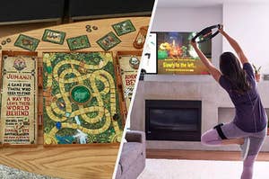 Jumanji board game and Ring Fit game with a woman doing tree pose in front of the TV