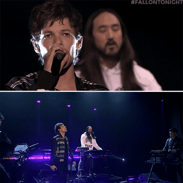 Louis Tomlinson and Steve Aoki performing &quot;Just Hold On&quot; at &quot;The Tonight Show Starring Jimmy Fallon&quot;