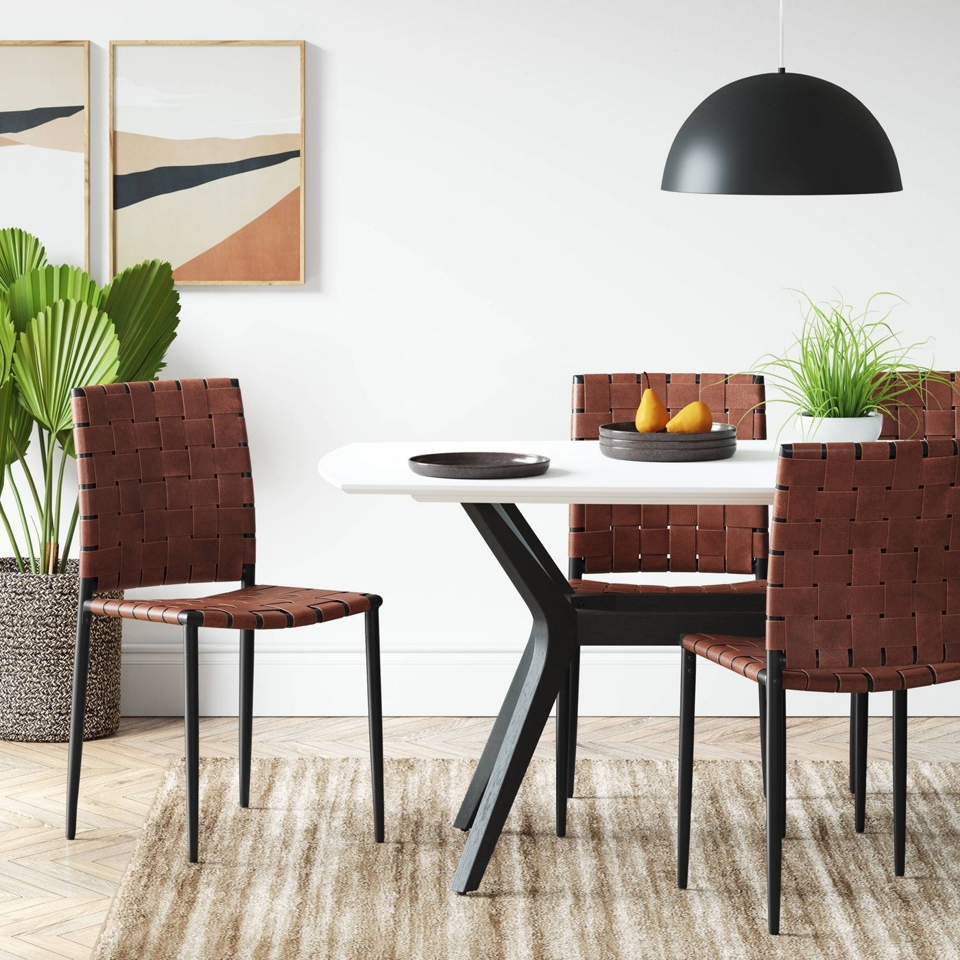 Chairs with black metal frame and brown leather seat and back