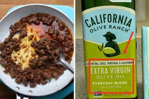 Ground meat browning in a pan, next to olive oil