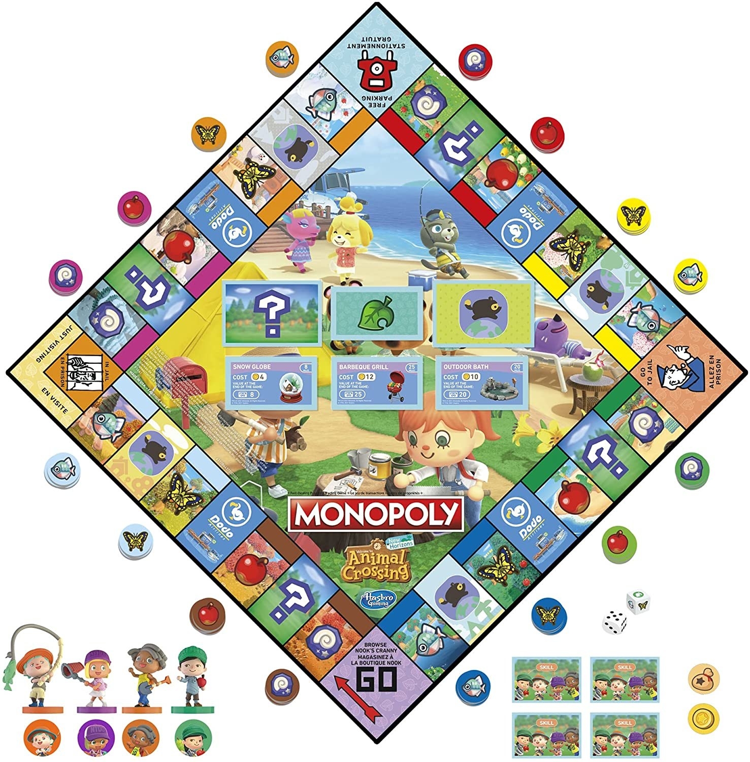The Animal Crossing Monopoly board and all its pieces laid out
