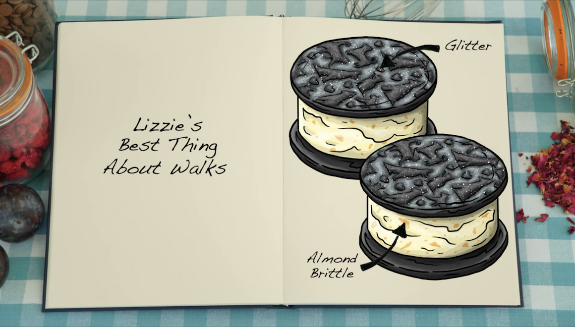 the sketch of Lizzie&#x27;s ice cream sandwiches pointing out the glitter and almond brittle
