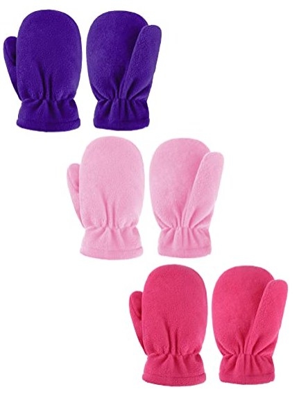 A set of three windproof mitten gloves for kids