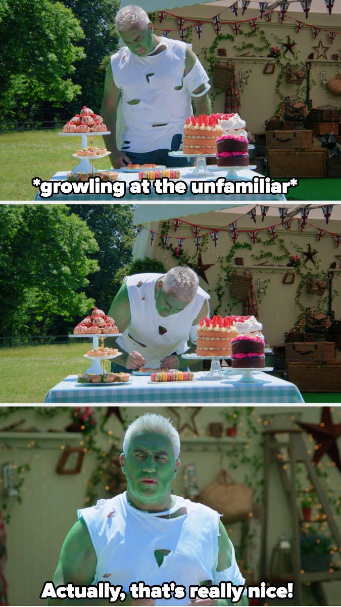 Paul Hollywood dressed as the Hulk, then realizing the bakes are actually really nice