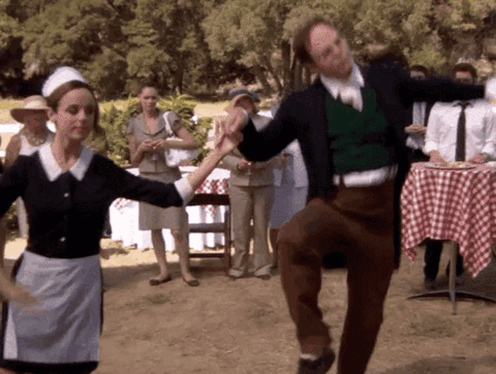 gif of two characters from the office dancing in a funny, old fashioned way. one of them is, naturally, dwight.