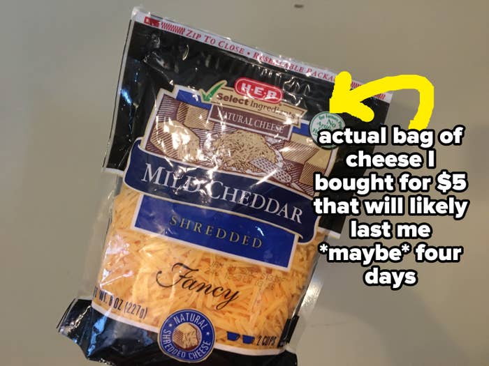 Bag of cheese with caption, &quot;actual bag of cheese I bought for $5 that will likely last me *maybe* four days&quot;