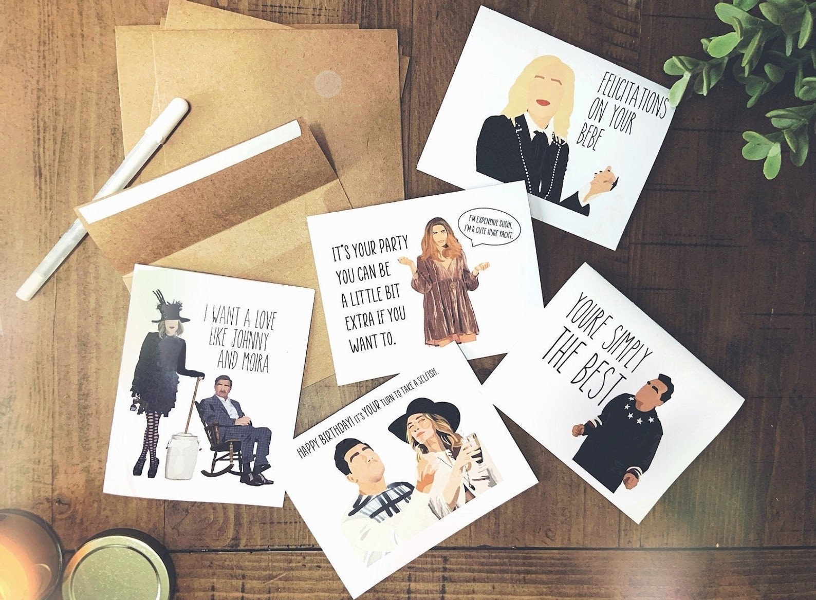 The selection of five Schitt&#x27;s Creek themed cards