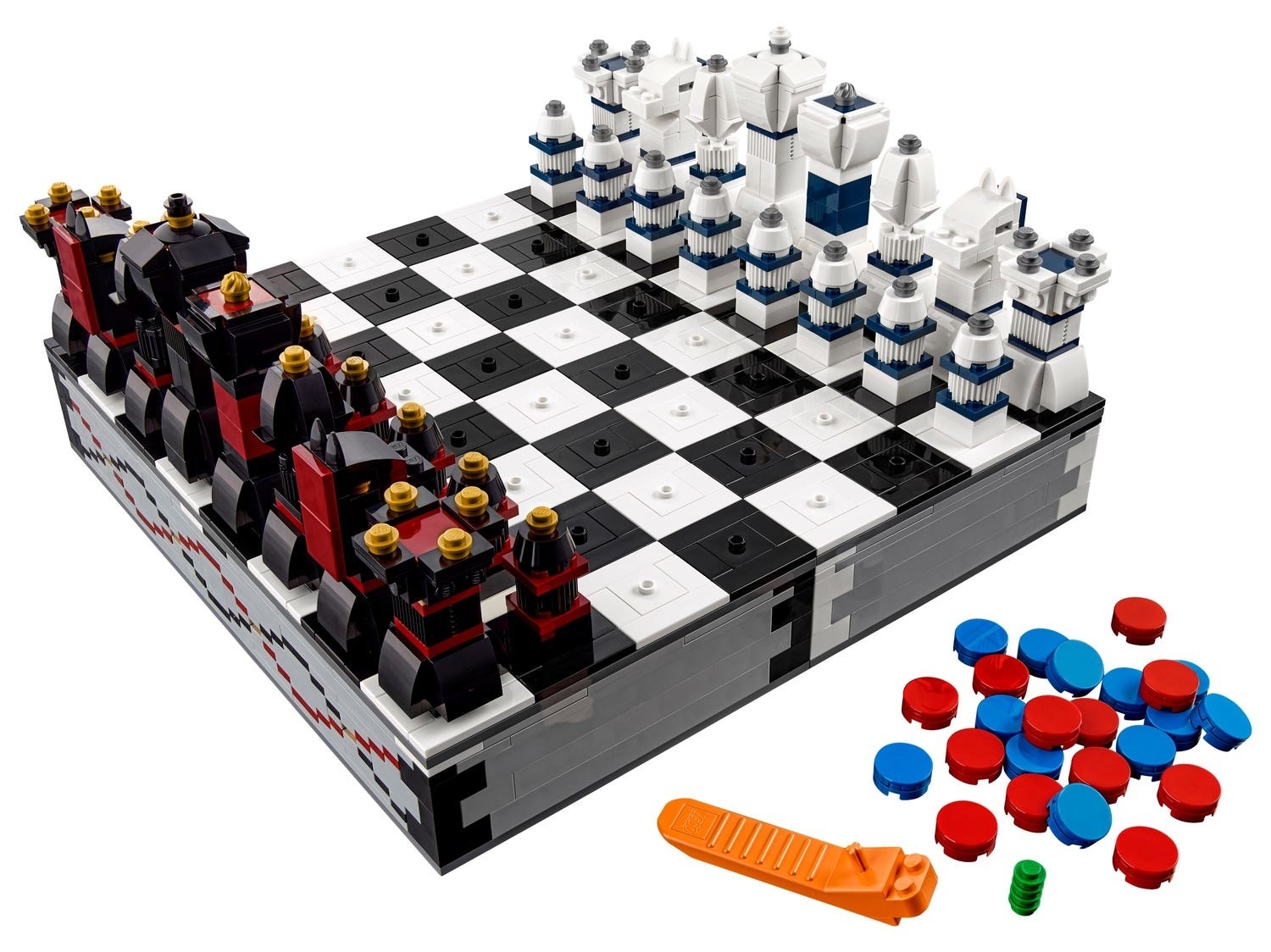 Black and white chessboard and chess piece made of Lego on a white background
