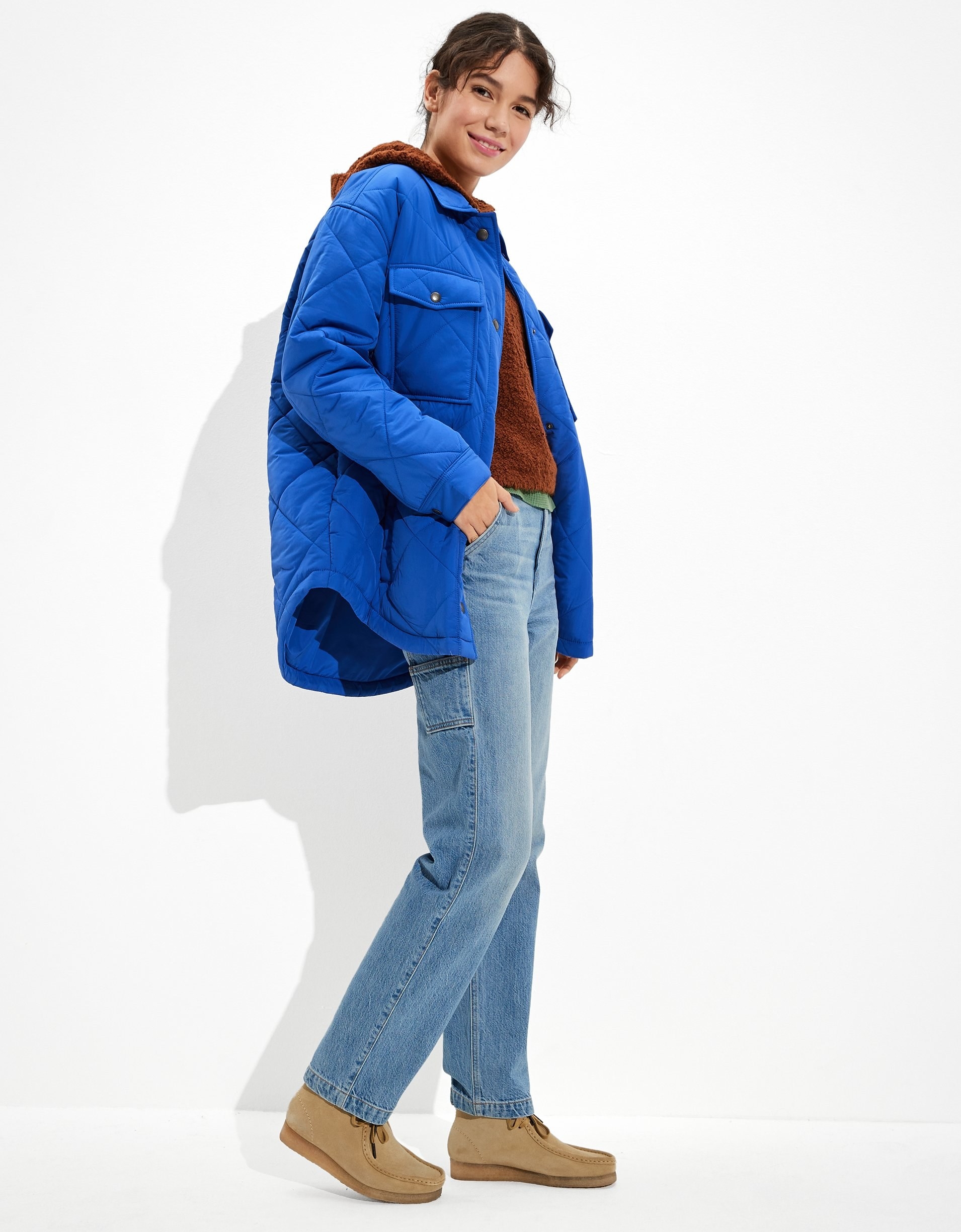 blue long jacket with quilted squares