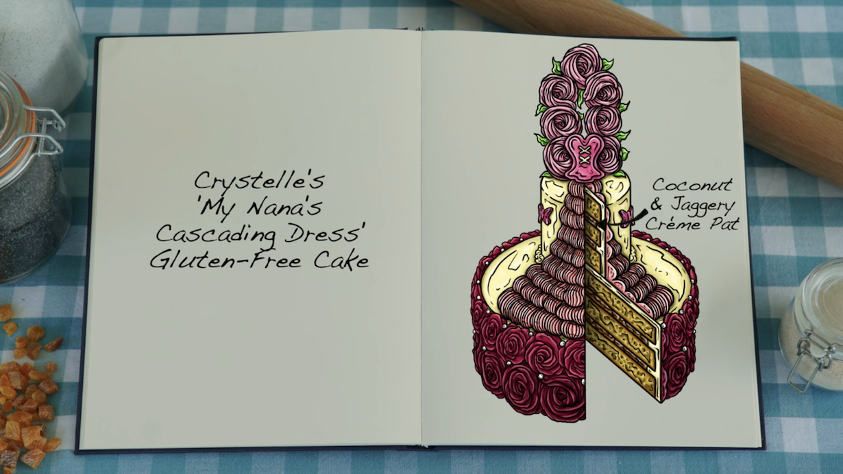 The sketch of Crystelle&#x27;s showstopper which is a cascading dress