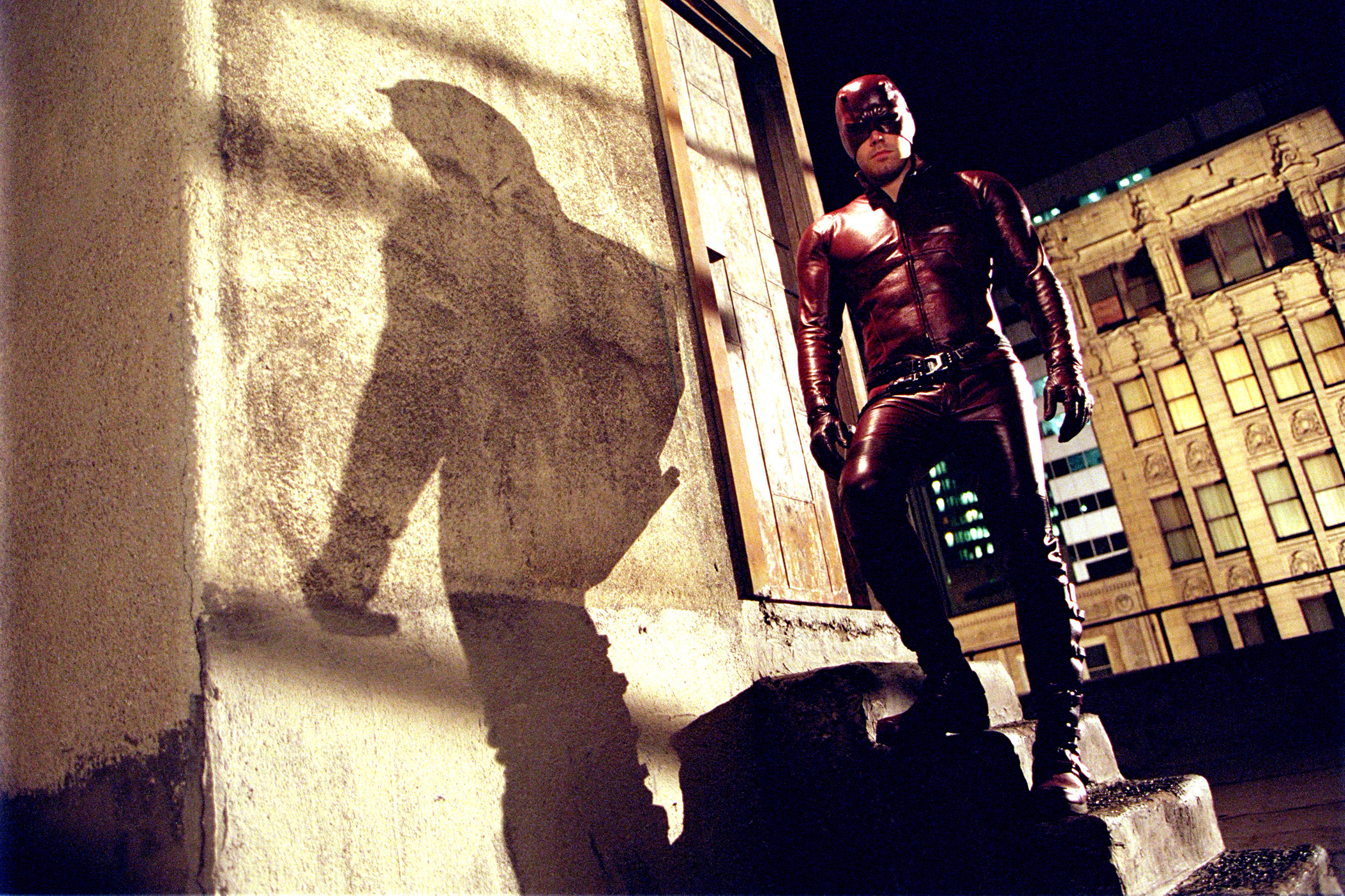 Affleck in costume as Daredevil in a scene from the movie
