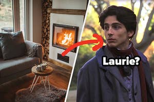 A fireplace roars next to a couch and a table with two mugs on it. And a close up of Laurie Lawrence from "Little Women"