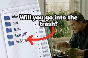 An email screen shows the different folders like inbox and trash. And a close up of Bruce from "Bruce Almighty" as he types on his laptop